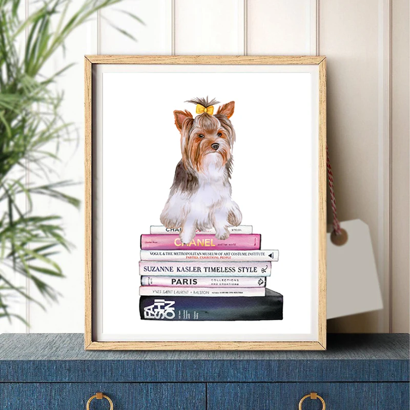 

Modern Fashion Yorkie Dog Canvas Painting Vogue Books Wall Picture for Living Room Nordic Posters and Prints Home Decor