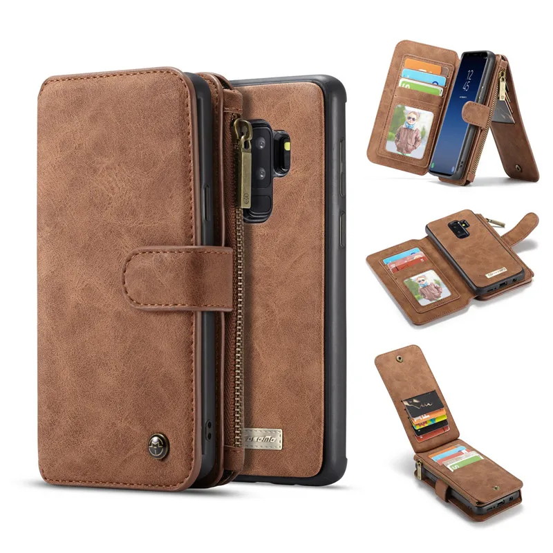 For Samsung Galaxy S9 Plus Case Zipper Magnetic Wallet Cover Retro Genuine Leather 2 in 1 Phone ...