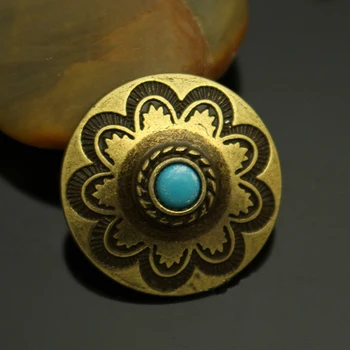 

DIY leather craft solid brass floral carve blue stone bedding caibu rivet button with screws 4pcs/lot