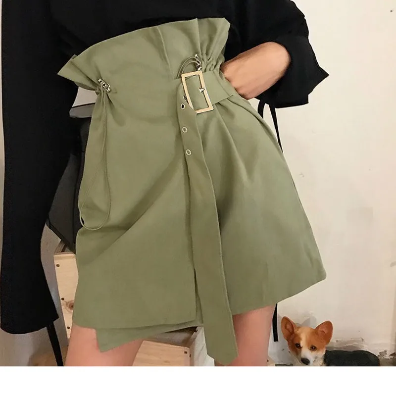 

2019 Women's Skirts Vintage High Waist Pocket Solid Bow Belt Skirt New Arrival Summer Europe Army Green Girls Skirt