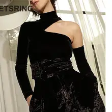 GETSRING женская футболка водолазка полые Асимметричные велюровая футболка женские зимние новые Vintgae черные модные повседневные женские топы