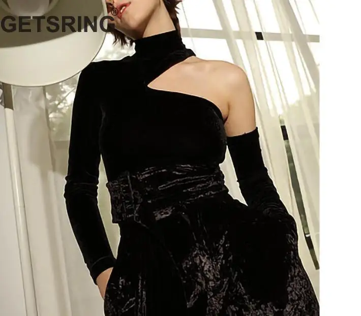 

GETSRING Women Tshirt Turtleneck Hollow Asymmetry Velour Tshirt Women Winter 2018 New Vintgae Black Fashion Casual Women Tops