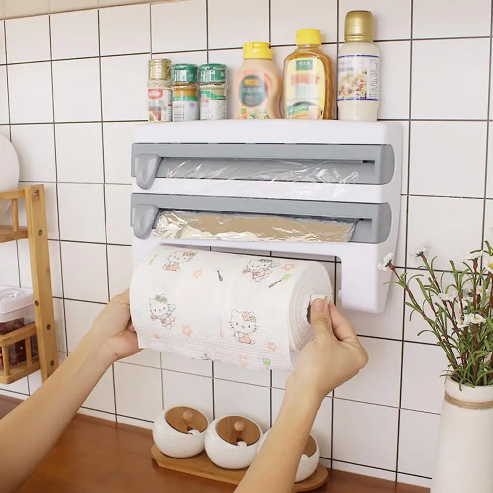 

Plastic Wrap Dispenser Refrigerator Cling Film Cutting Storage Rack Wrap Cutter Wall Sauce Bottle Kitchen Organizer Towel Holder