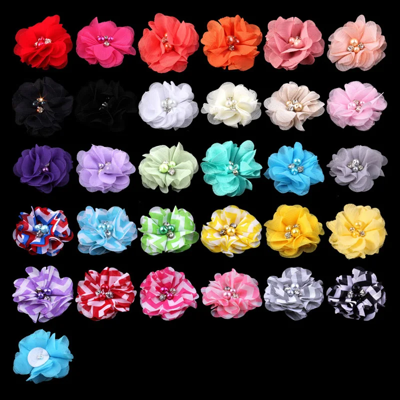 

200pcs/lot 2" 30Colors Fashion Lovely Fluffy Tulle Chiffon Alloy Pearl Eyelet Artificial Fabric Flowers For Wedding Decoration