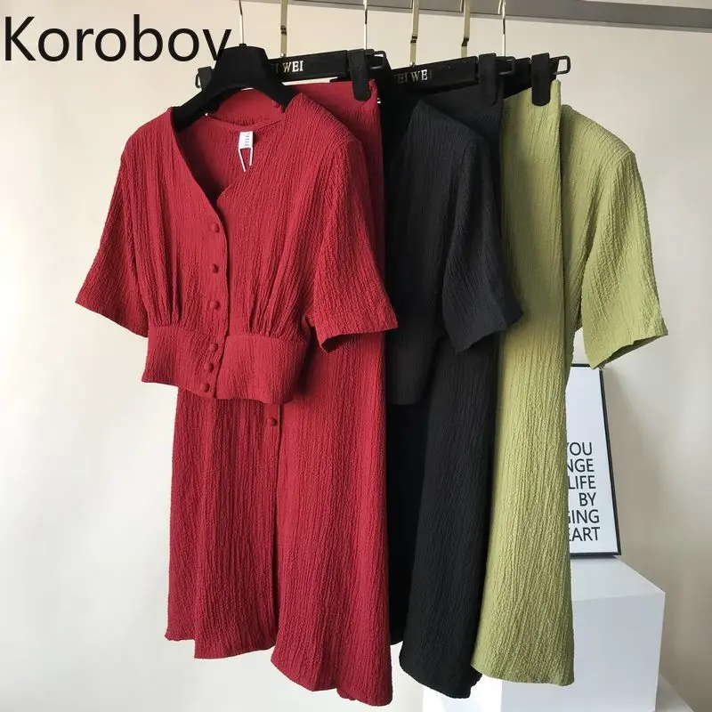 

Korobov Summer Short Sleeve Single Breasted V Neck Solid Blouse + Slim High Waist A Line Button Skirts Women Outfits Suit 78337
