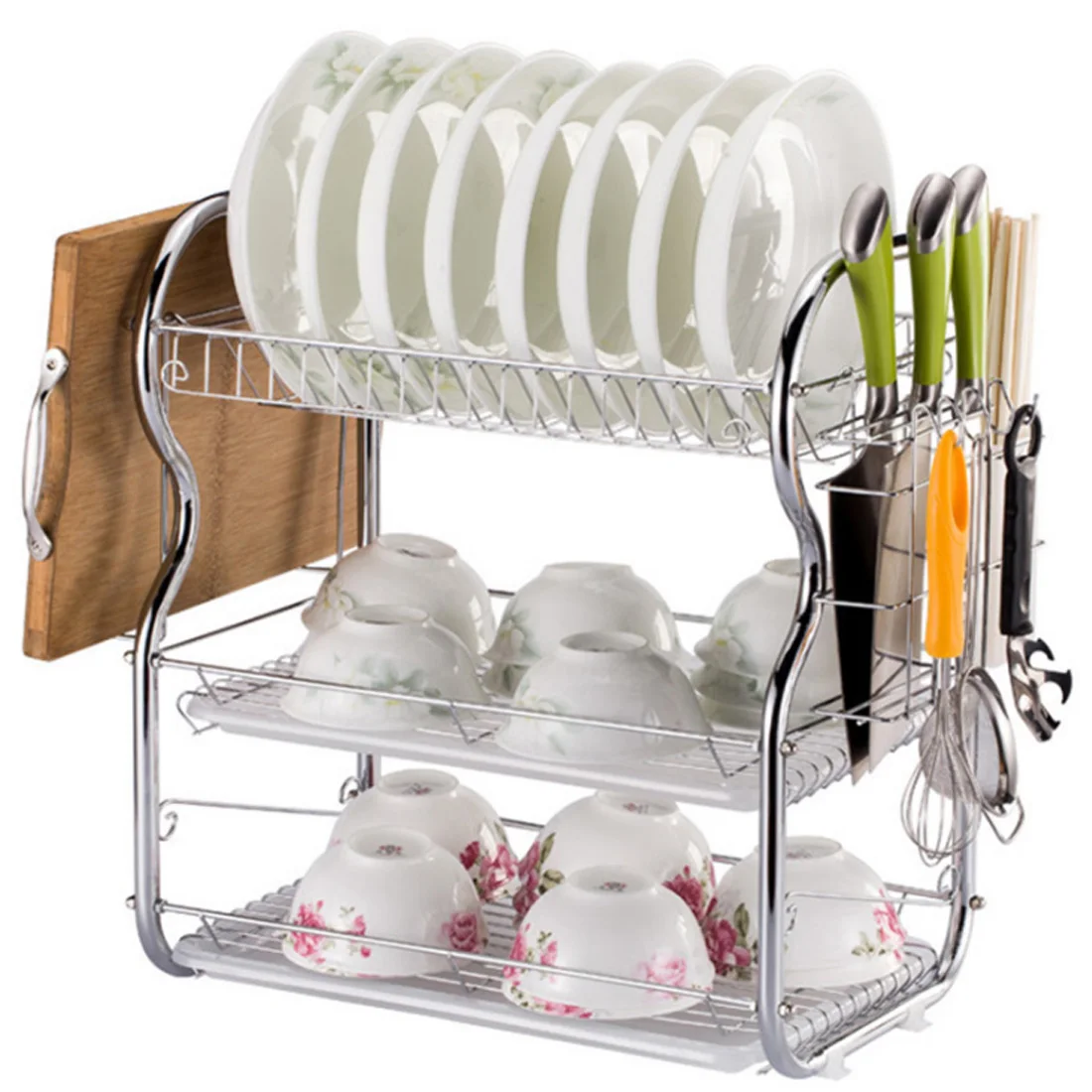 

High Quality 1 Pcs 3-Layer Kitchen Storage Racks Shelf Holder Dish Plate Drain Rack - B-Shape Dish Knife Chopboard Rack