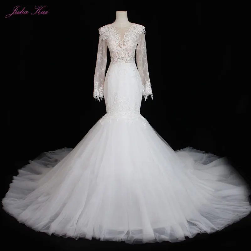

Elegant Silky Tulle Long Sleeves O-Neck Mermaid Wedding Dresses Appliques Lace With Button Illusion Back Natural Bridal Gown