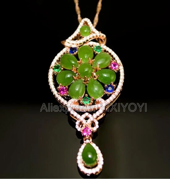 

925 Sterling Silver Green HeTian Jade Beads Inlay Hollow Flower Dropping Design Lucky Pendant + Chain Necklace Fine Jewelry
