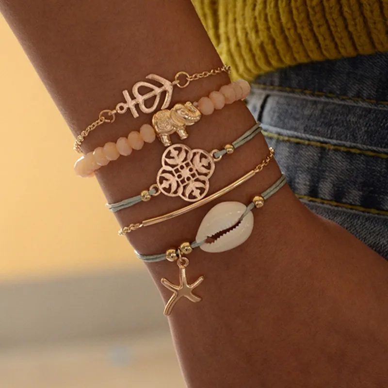 

DIEZI Bohemia Vintage Beaded Bracelet Sets Elephant Shell Tree Starfish Charm Bracelets For Women 2019 New Bracelet Jewelry