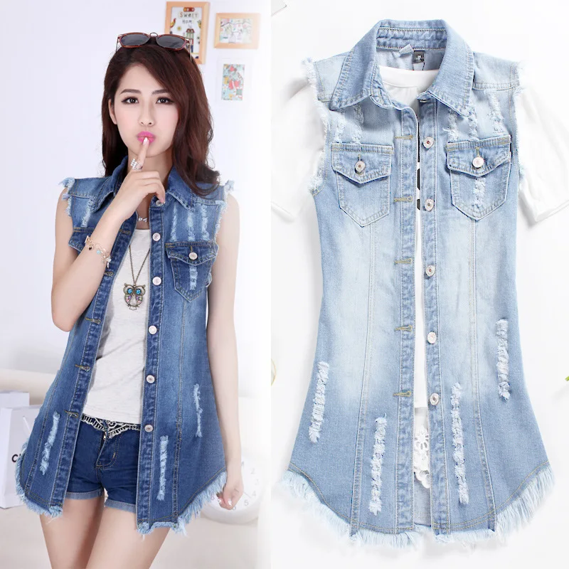 Streetwear Frayed Denim Vest Women Slim Sleeveless Shirt Hole Jean Vest