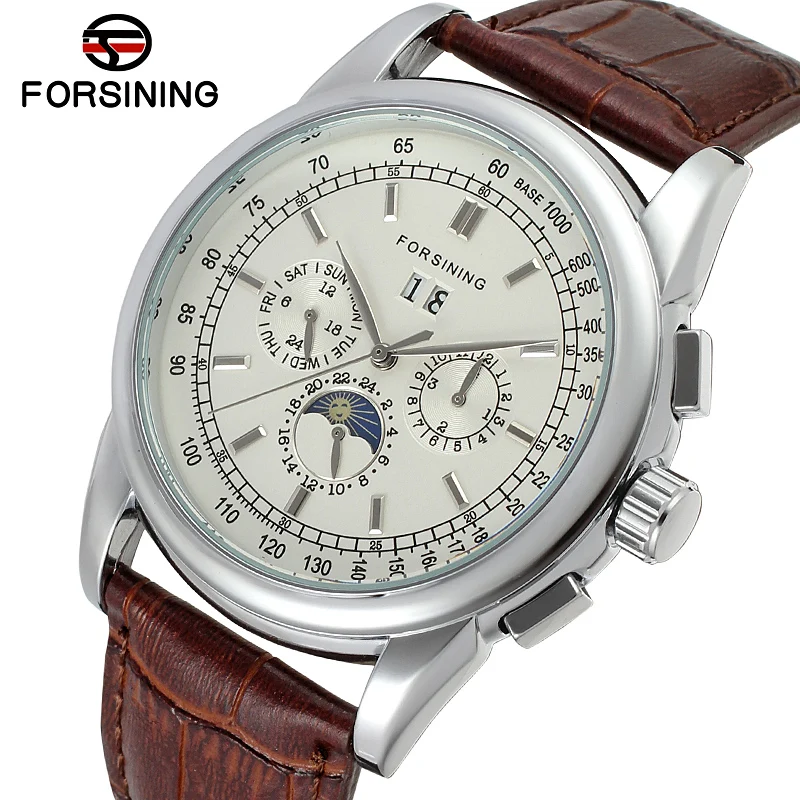 FSG319M3S2 Forsining latest Automatic business watch for men with moon phase brown genuine leather strap free shipping gift box FSG319M3S2 Forsining latest Automatic business watch for men with moon phase brown genuine leather strap free shipping gift box