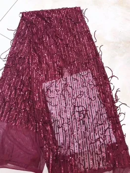 

2019 New Arrival African Tassels Mesh Lace Fabrics Nigerian French sequins Tulle Net Lace Fabrics For wine Party Dresses
