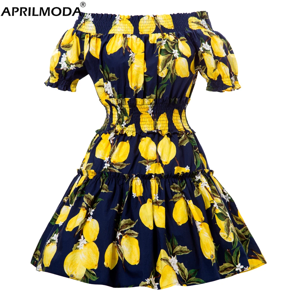 

Plus Size 50s 60s Vintage Casual Dress Lemon Print Floral Slim Waist Slash Neck Short Sleeve Summer Large Swing Gall Gown Dress