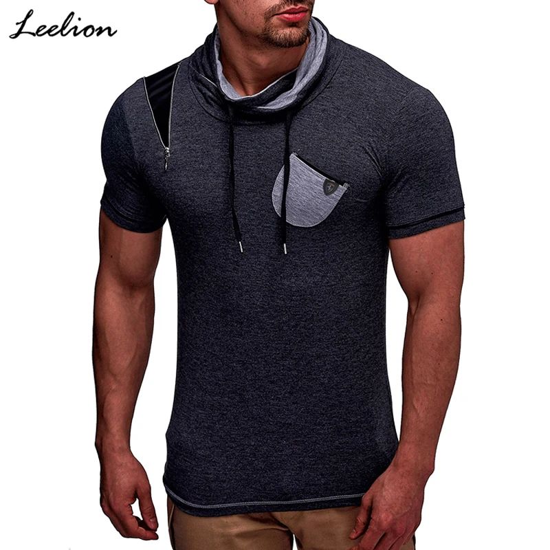 

IceLion 2019 Summer Standing Collar T Shirt Men Short Sleeve Fitness T-shirt Pocket Patchwork Solid Slim Thin Fit Men's Tshirt