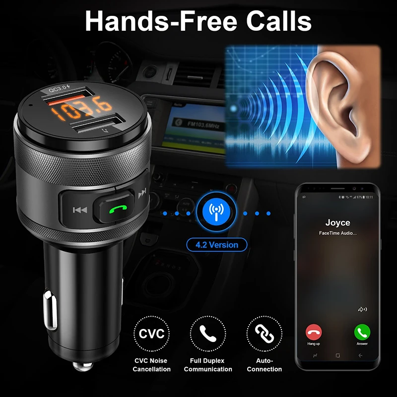 VicTsing Bluetooth FM Transmitter for Car QC3.0 5V 3.4A Wireless Bluetooth FM Radio Adapter Music Player Car Kit with Hands-Free (15)