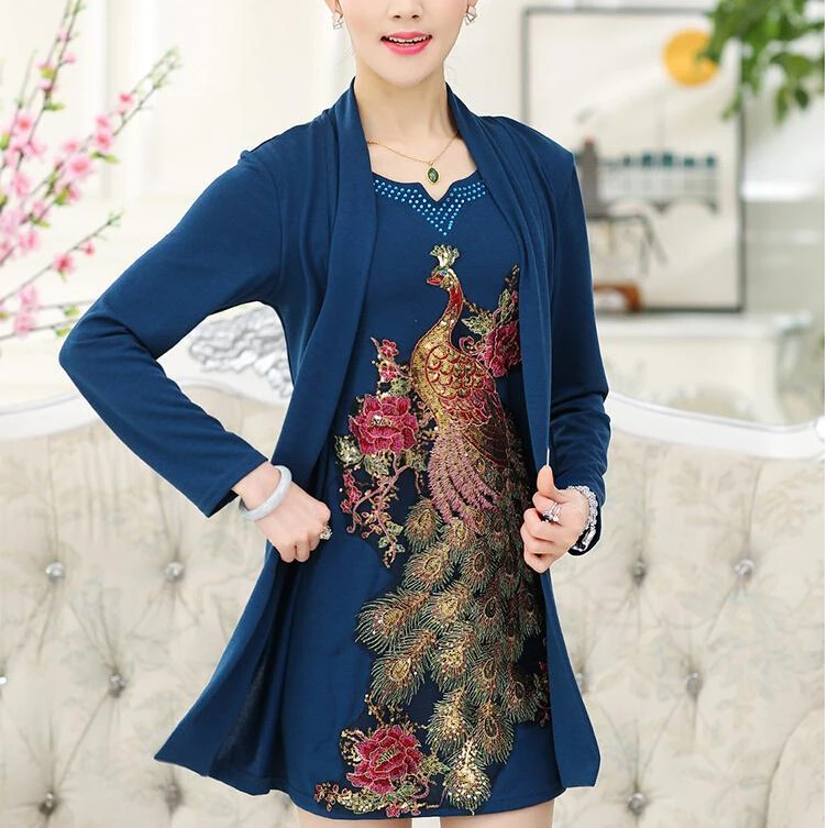 

2016 New Spring Middle Aged Women False Two Piece Embroidered Dress Mother Clothing Long Sleeve Dresses Plus Size XL-5XL B458