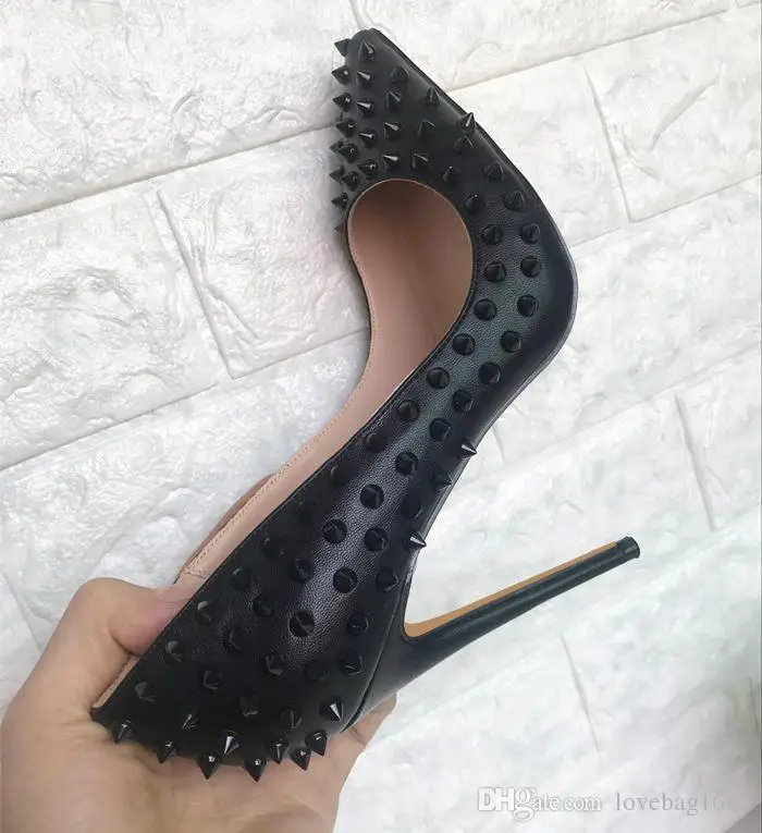 Luxury Shoes Fashion Red Bottom High Heel Rivets Leather Women Shallow Mouth Pumps Size 34-40 Shoes and Bags To Match