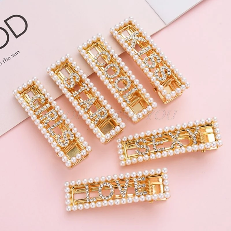 

Ladies Glitter Metallic Duckbill Hair Clip Hollow Funny Rhinestone Letters Hairpin Imitation Pearl Rectangle Side Bangs Barrette