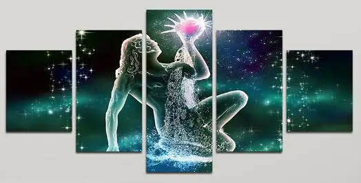 HD Picture 5 panels printed canvas Zodiac Aquarius Abstract Wall Art