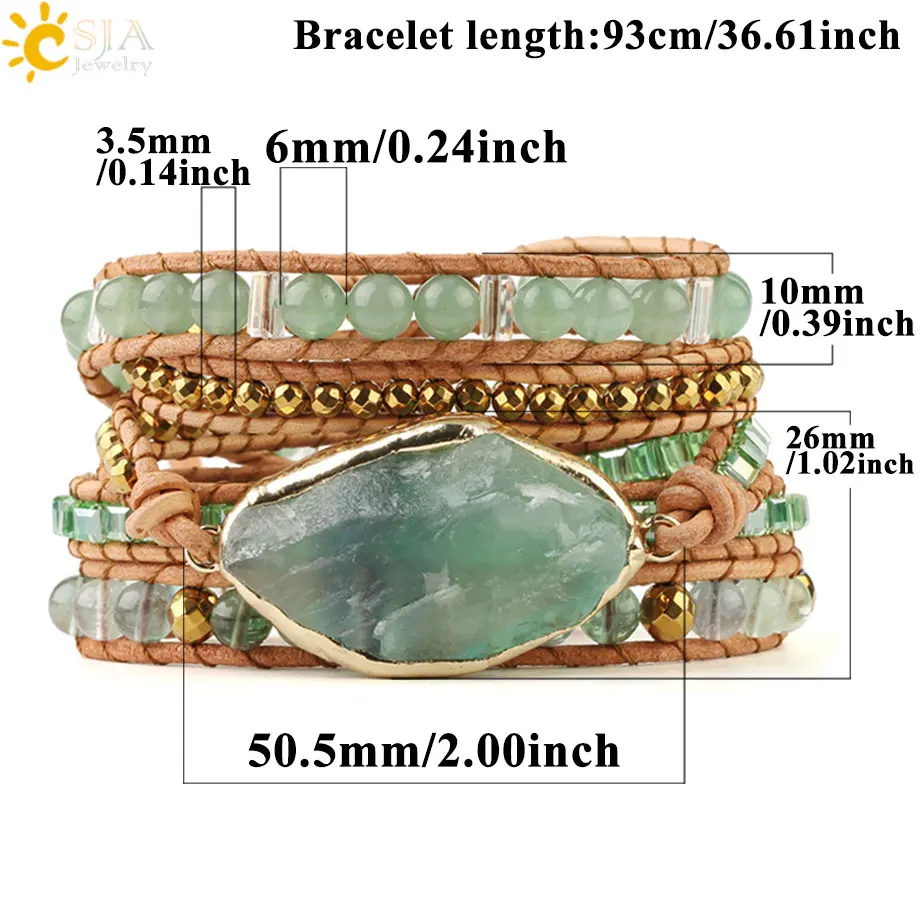 Online CSJA Natural piedra verde fluorita cristal CUENTA DE Aventurina cuero envoltura pulsera multicapa pulseras Boho Pulseira Feminina G118