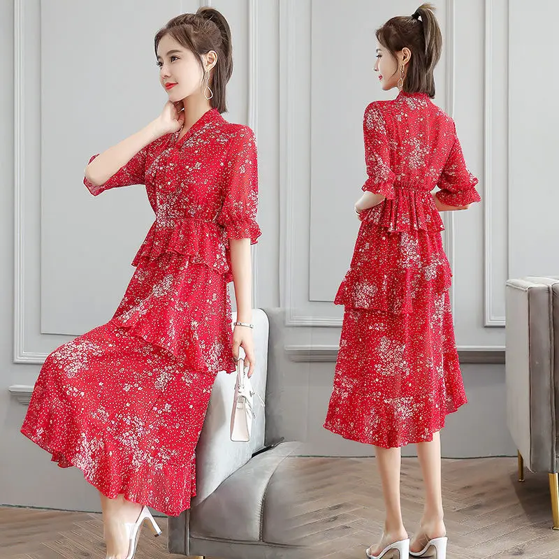 

Summer Retro Elegant Chiffon Women Dresses Red V-Neck Flare Sleeve Dress Ladies Big Swing Beach Party Ball Gown Dress Vestidos