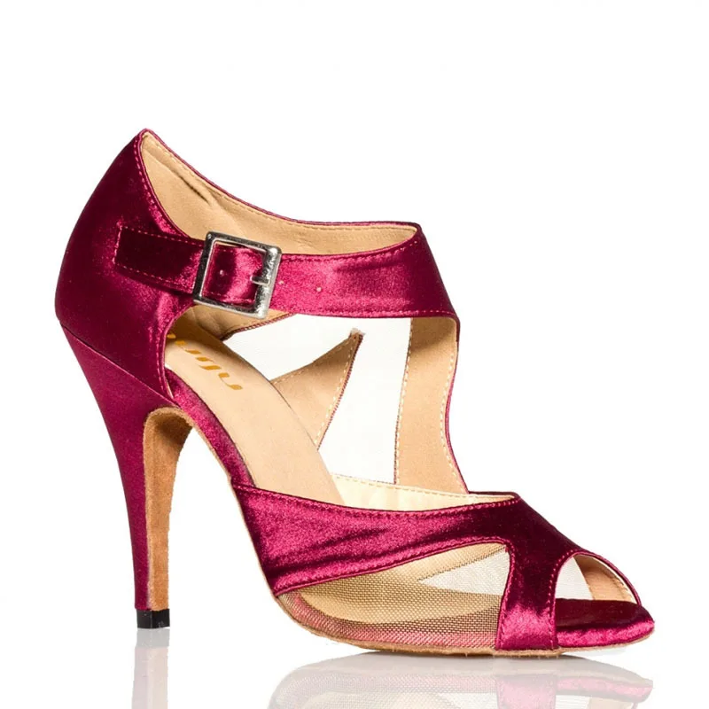 

Wine Black Satin Latin Dance Shoes Women's Ultra High Heel 10cm Ballroom Dancing Salsa Tango Square