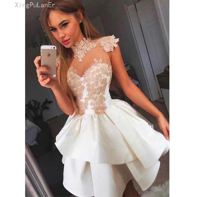 

See Through Homecoming Dresses 2019 A-line High Collar Cap Sleeves Short Mini Lace Elegant Cocktail Dresses