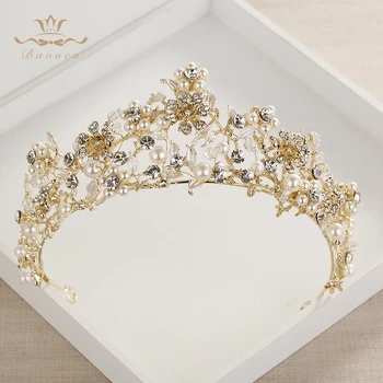 

Bavoen Retro European Baroque Faux Pearls Brides Tiaras Crowns Gold Flowers Headpieces Crystal Wedding Dresses Hair Accessories