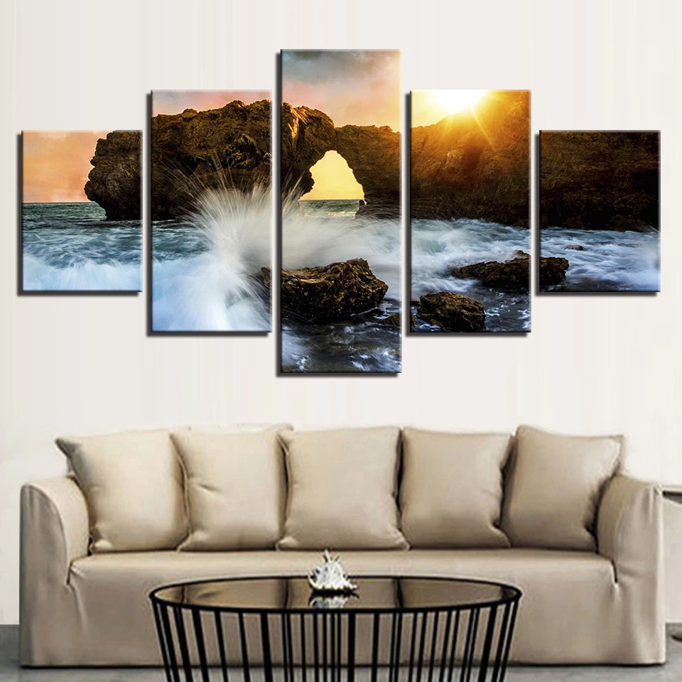 

Canvas Painting Rocky Beach with sunset 5 Piece Wallpapers Art Canvas Print Poster Modular art painting Home Decor Framework