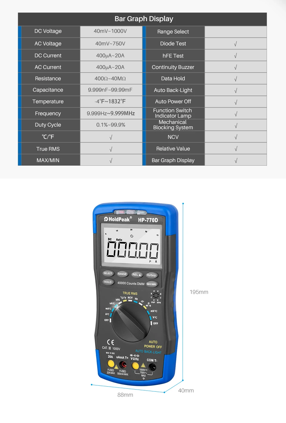 HoldPeak цифровой мультиметр тестер HP-770D Автоматический диапазон Multimetro True RMS 40000 отсчетов измерения Ом Вольт Ампер Esr конденсатор тестер