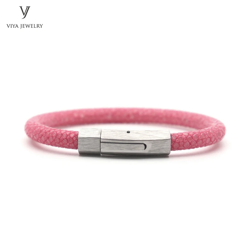 Fashion pink stingray leather cords bracelet for men simple  Spring clasp design stingray bracelet (1)