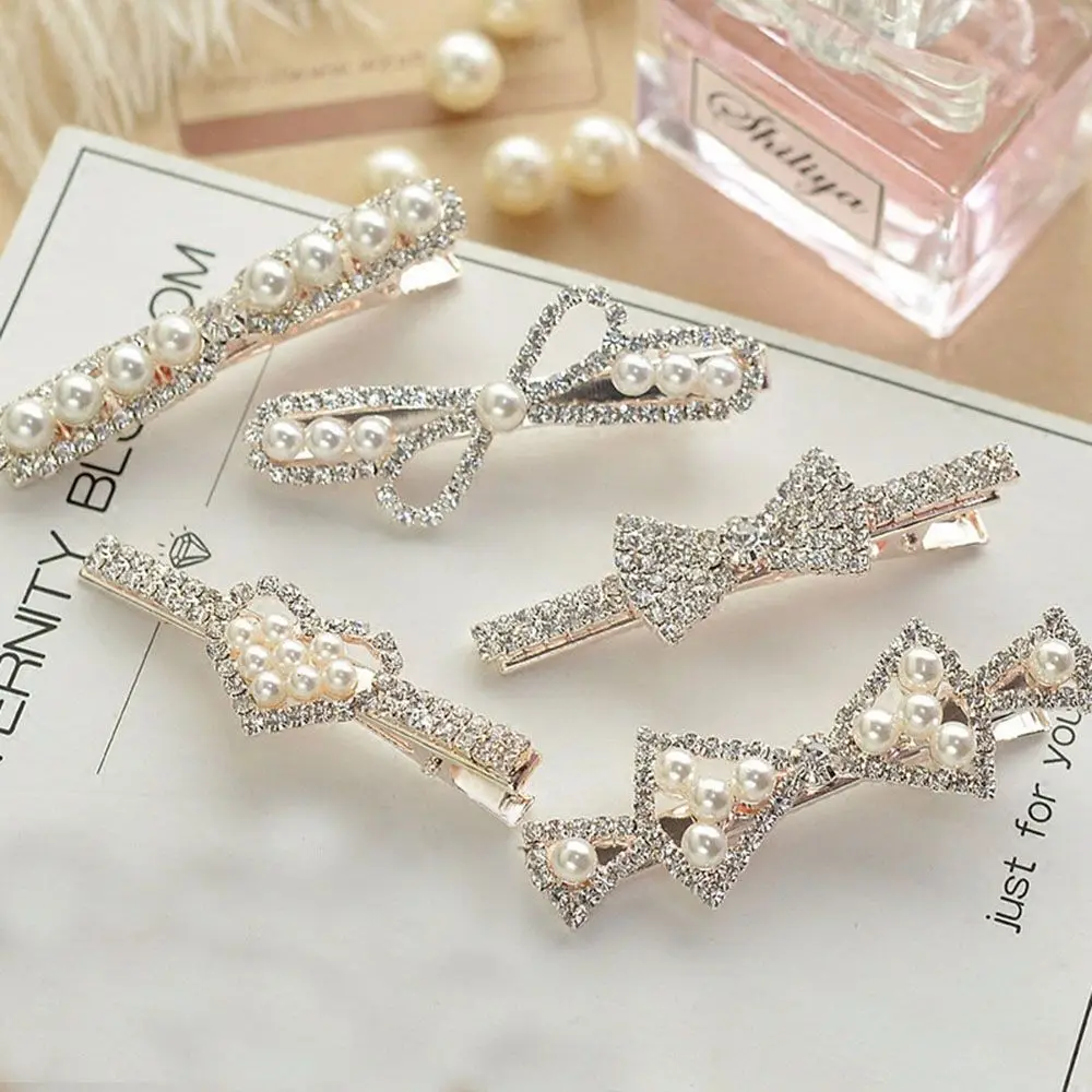 

Korea Shiny Crystal Rhinestones Hairpins Geometric Rectangle Heart Bowknot Imitiation Pearl Crystal Hair Clips Hair Accessories