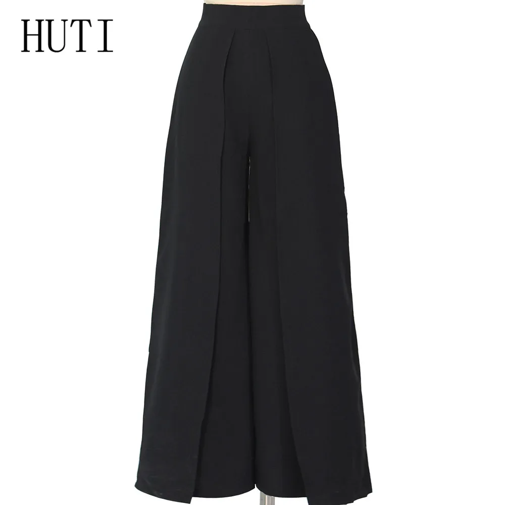 HUTI Summer High Waist Wide Leg Pants Women Bottoms High Elastich Loose Red Blue Pants Casual Beach Party Trousers Female