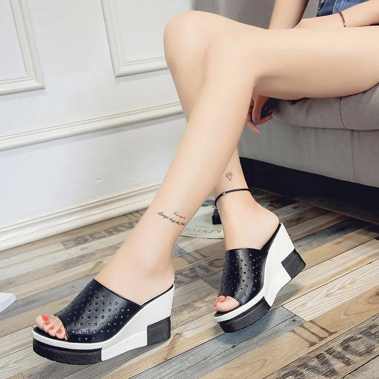 Aphixta летние тапочка на платформе s в дырочку с цветами Женская обувь на платформе и высоком каблуке дамские уличные основные тапочка на платформе сандалии CN39-40 - Цвет: Black   Hollow