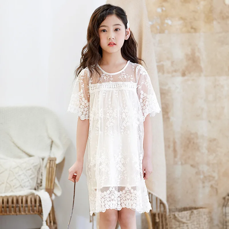 Летнее пляжное белое кружевное платье для маленьких девочек в Корейском стиле; Размеры 4, 5, 6, 8, 10