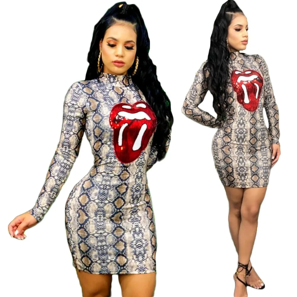 

New Summer Sexy Women Dresses Serpentine Printed Embroidered Lips Bodycon Party Dresses Clubwear