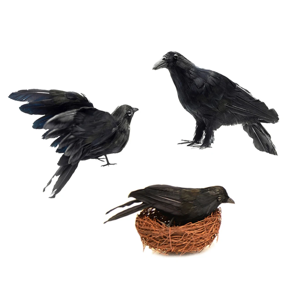 

4pcs/set Halloween Decoration Realistic Black Crows Halloween Party Prop Decor with Nest