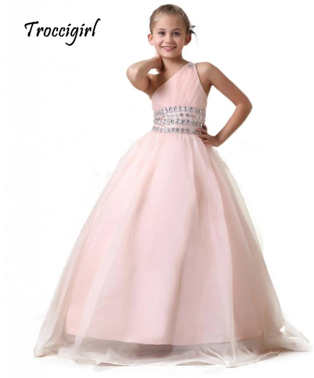 

pink kids gown for girls pageant dress one-shoulder rhinestone tull flower dress