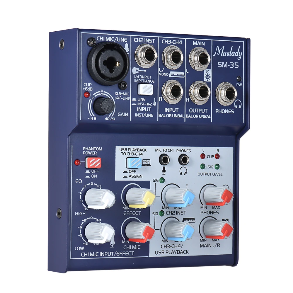 

Muslady SM-35 Compact Size 4-Channel Sound Card Mixing Console Digital Audio Mixer Supports 5V Power Bank USB Power Supply