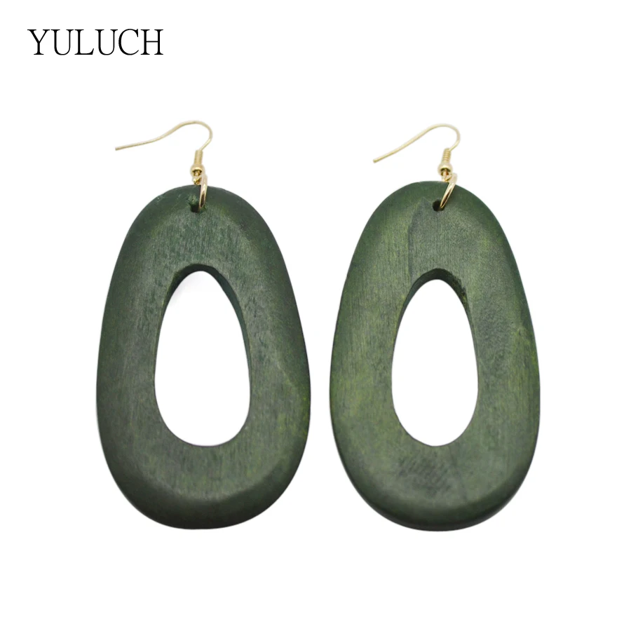 

YULUCH 1 Pair 2017 New Design Woman Earring Eardrop Big Handmade Green Color Wood Earring Hollow Green Fashion Lady Earrings