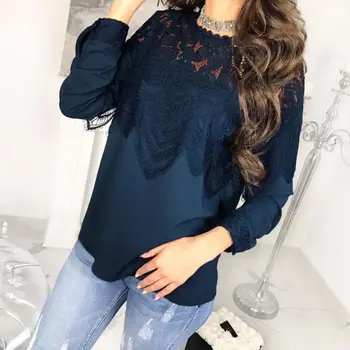 

B Women Lace Hollow Out Blouses Floral Round Collar Tops Long Sleeve Thin Blouse