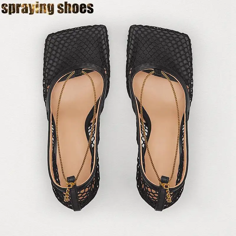 Fashion Square Toe Black Mesh Pumps Summer Women High Heels Shoes Chain Hollow Out Sexy Ladies Shoes Summer Sandals