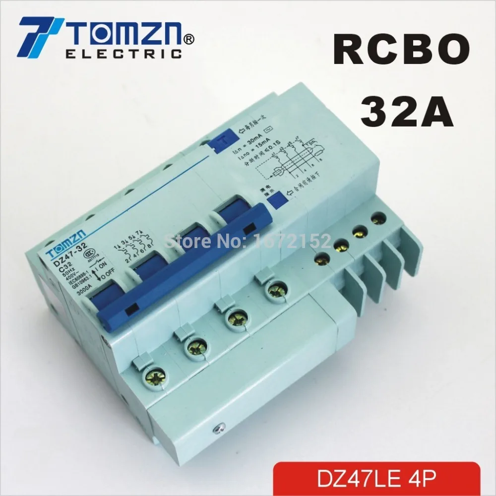 Автоматический выключатель DZ47LE 4P 32A 400V ~ 50 HZ/60 HZ с защитой от перегрузки по току и