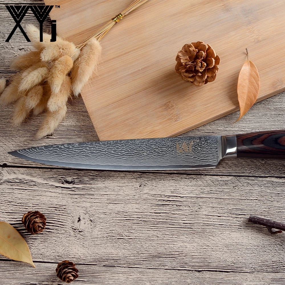 XYj кухонный набор ножей из дамасской стали Новое поступление VG10 Дамасская сталь фруктовый сантоку разделочный нож для нарезки шеф-повара цветная деревянная ручка