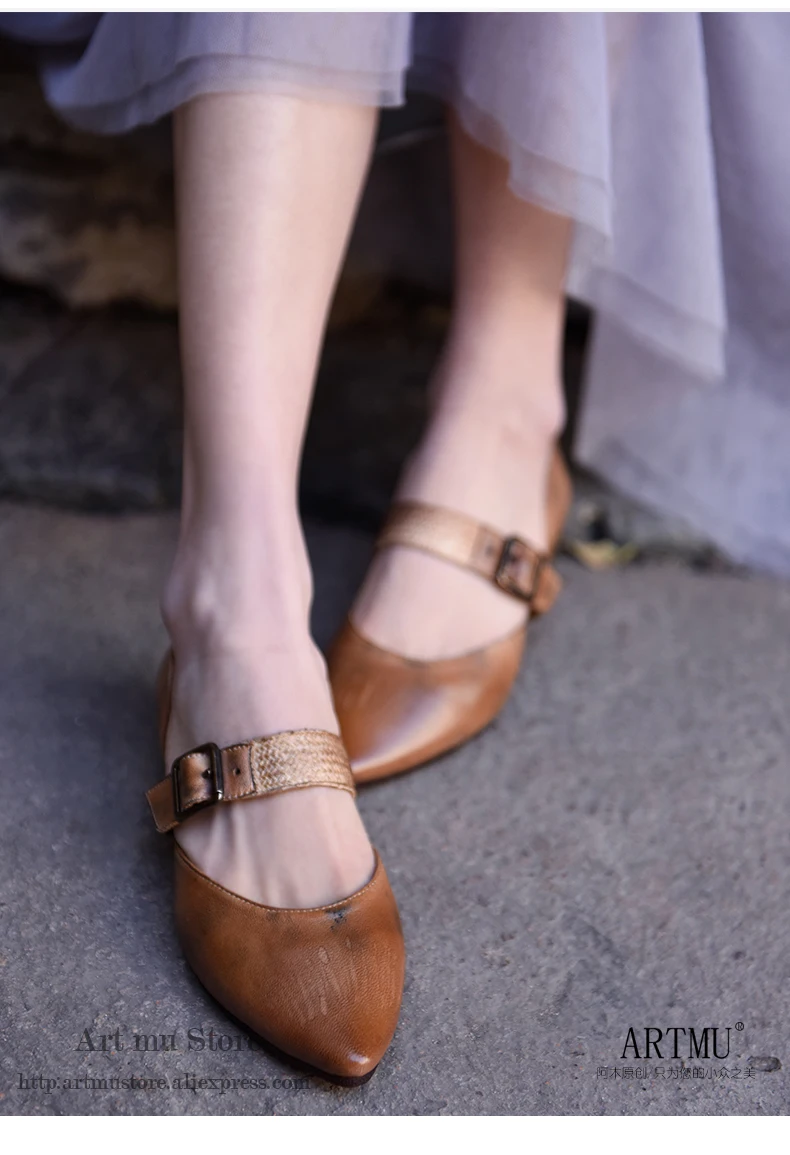 Artmu; оригинальные весенние новые женские туфли с острым носком в стиле ретро; сандалии ручной работы из натуральной кожи с ремешком и пряжкой; туфли на плоской подошве; J601-12