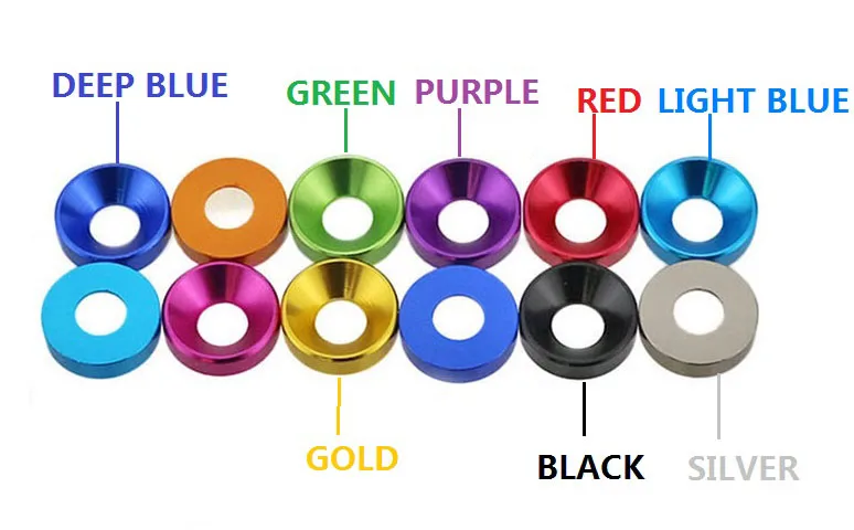 Высокое качество M2 серебристый/черный/DeepBLue/голубой/золото/красный/фиолетовый анодированный Яркие Алюминиевые прокладки Cuntersunk голову конические шайбы