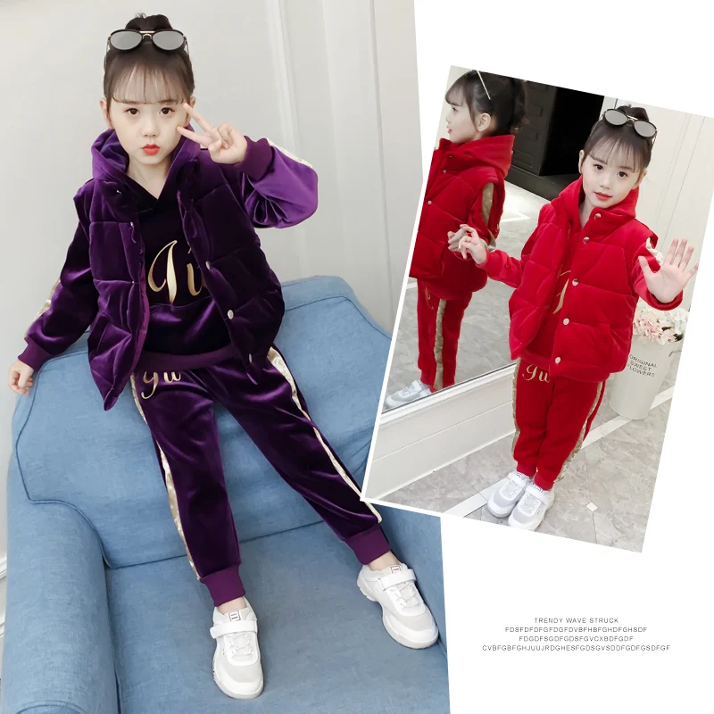 

New 2018 Winter kids boys three piece Real cotton sets children's thicke vest coat +sweater+pant sports suits for girls