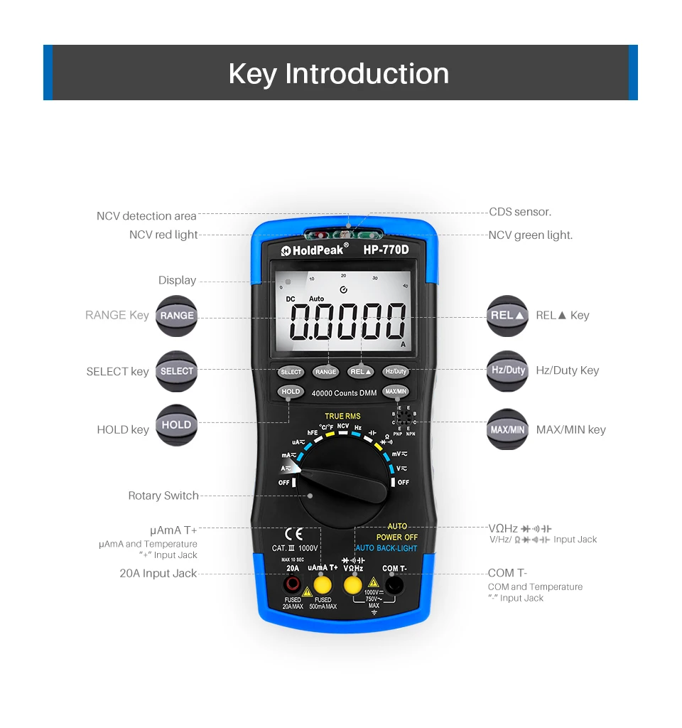 HoldPeak цифровой мультиметр тестер HP-770D Автоматический диапазон Multimetro True RMS 40000 отсчетов измерения Ом Вольт Ампер Esr конденсатор тестер