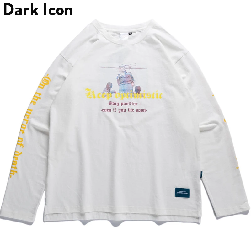 

DARK ICON Printed Sleeve O-neck Hip Hop T Shirts Men 2019 Autumn Long Sleeved Tee Shirts Men Casual Men's T-shirts 3 Colors