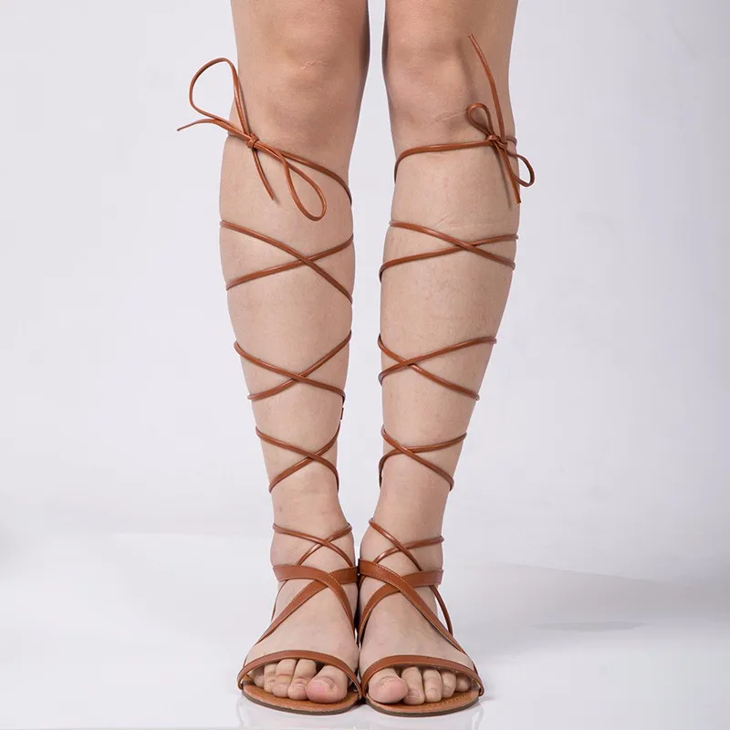 MIUBU/модные сандалии-гладиаторы; женские пикантные сандалии до колена с вырезами; Летние Стильные повседневные Вьетнамки; большие размеры 5-10